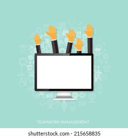 Teamwork management concept. Flat icons. Global communication and working experience. Business, briefing organization. Money making and analyzing.