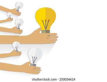 Teamwork management concept.  Hand keep bulb. Vector background.
