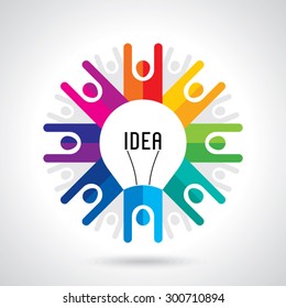 Teamwork management concept. Hand keep bulb. Vector background.