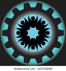 Teamwork management icon. Man with gears on a bright blue background. Business team. Company leader, supervisor. Partnership icon.