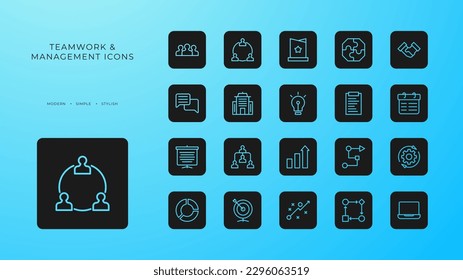 Teamwork and Management icons collection with black filled line style. team, partnership, manager, organization, discussion, communication, corporate. Vector illustration