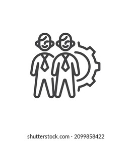 Teamwork Management Line Symbol. lineares Stilzeichen für mobiles Konzept und Webdesign. Arbeitsgruppe und Zahnradübersicht Vektorsymbol. Symbol, Logo-Abbildung. Vektorgrafik