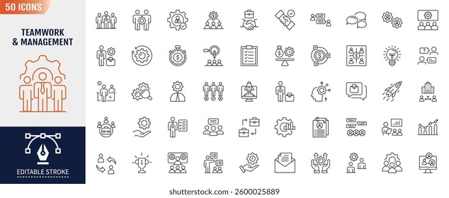 Teamwork and Management line icon set. Editable stroke. Containing as Cooperation, Business management, Collaboration, Team Meeting, and more. Vector illustration