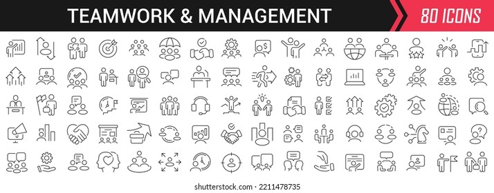 Trabajo en equipo y administración de iconos lineales en negro. Gran colección de iconos de la interfaz de usuario en un diseño plano. Paquete de signos de contorno delgado. Gran conjunto de iconos para el diseño
