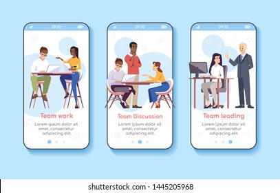Teamwork management onboarding mobile app screen vector template. Team discussion, leading, work. Teambuilding. Walkthrough website steps with flat characters. UX, UI, GUI smartphone cartoon interface