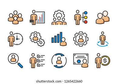 Teamwork and management related color line icons. Recruitment and leadership vector linear colorful icon set. Isolated icon collection on white background.