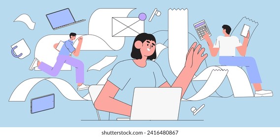 Teamwork management scene concept. Different people man and woman work as team together at business corporate projects for common goal. Working process with different tasks. Flat vector illustration.