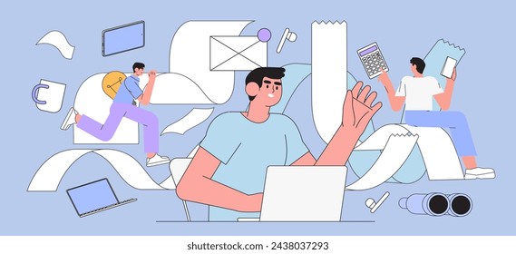 Teamwork management scene. Different people man and woman work as team together at business corporate projects for common goal. Working process or multitasking in office. Flat vector illustration.