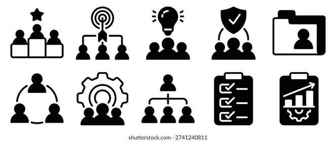 Teamwork management solid mix style icon set for leadership organization collaboration reports and project workflow