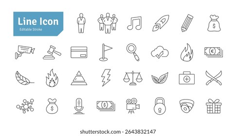 Teamwork, Manager, Gift, Justice, Mega Phone, Key, Lock, First Aid, CCTV, Mosque, Rocket, Music, Microphone, Fire, Leaf, Pencil Line Icon Set. Editable Stroke Vector Illustration