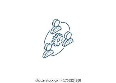 Teamwork, mans and cog isometric icon. 3d vector illustration. Isolated line art technical drawing. Editable stroke