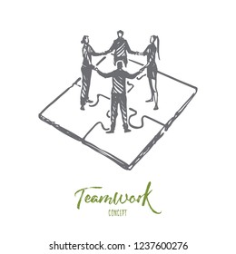 Teamwork, marketing, strategy, business, communication concept. Hand drawn co-workers hold hands each other concept sketch. Isolated vector illustration.