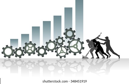 Teamwork Mechanical Graph-Set of connecting cogs operated by a large lever with growing graph background