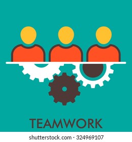 teamwork. mechanism. group working. cogwheel. Line icon with flat design elements. Flat icon. Flat Design. Icon concept. 