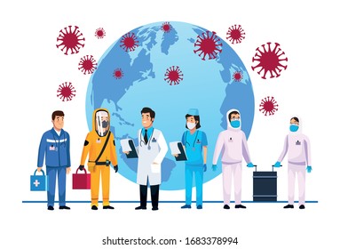 teamwork medical staff to deal the covid19 with earth planet vector illustration design