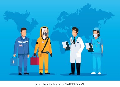 teamwork medical staff to deal the covid19 with earth planet vector illustration design