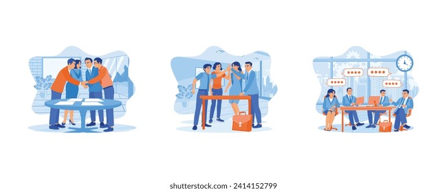 Teamwork meeting concept. High five, business people and group together for teamwork. Businesspeople are gathering in the meeting room. set flat vector illustration.