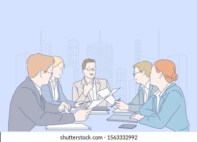 Teamwork, meeting, cooperation, business concept. Young men and women, businessmen make an important decision for the company. Office clerks or management plans development. Jury. Flat simple vector.