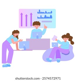 teamwork meeting and discussing data analysis and growth flat design illustration