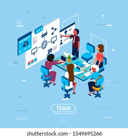 a teamwork meeting in meeting room, with man give presentation on screen and the other working on desk, with laptop and paper. flat design isometric business element for landing page and info graphic