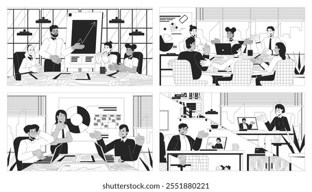 Illustrationen für Teamwork-Meetings in schwarz-weißer Linie. Multikulturelle Team 2D Zeichen monochrome Hintergründe. Briefing-Mitarbeiter. Zusammenarbeit Kollegen skizzieren Szenen Vektor Bilder Sammlung