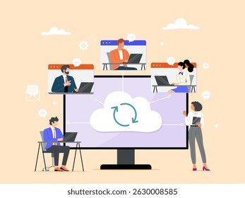 Trabajo en equipo o reuniones conectando usuarios a través de dispositivos a través de la nube