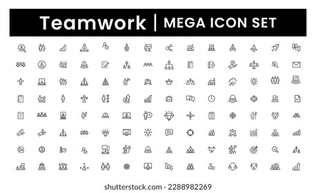 Juego de iconos de la mega línea de trabajo en equipo. Colección de iconos de esquema de Businessman. Grupo de trabajo y recursos humanos. Signo y símbolo de trabajo en equipo de negocios - vector de stock.