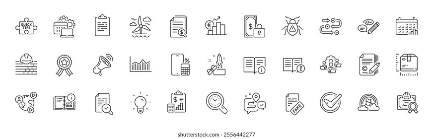 Teamwork, Megaphone and Report line icons. Pack of Survey progress, Winner ribbon, Video conference icon. Build, Facts, Lgbt pictogram. Inspect, Financial documents, Package size. Line icons. Vector