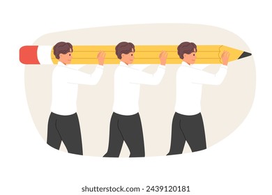 Teamwork of men lifting large pencil together to complete task set by company management. Office employees work hard and demonstrate teamwork skills to create new department in corporation