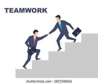 Teamwork. Men in suits help each other at work. Vector illustration
