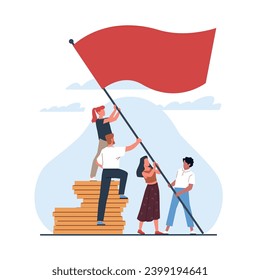 Teamwork, men and women raising red flag. Stack on golden coins. Business team. Success strategy, cooperation and collaboration. Professional challenge. Cartoon isolated vector concept