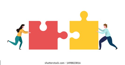 Teamwork men and women who assemble the puzzle. Concept of bussines team work. Cooperation and partnership metaphor with jigsaw puzzle piece. Vector illustration in flat design.