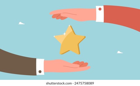 Trabajo en equipo o tutoría en el pavimento del camino para lograr objetivos o altos resultados, deseo y motivación para superar obstáculos o recibir recompensas, lluvia de ideas para nuevas oportunidades, manos grandes proteger la estrella.
