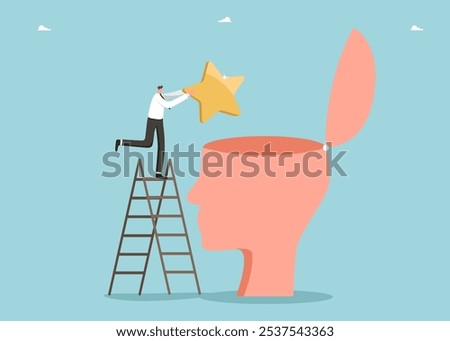 Teamwork or mentoring in paving way to achieve goal or high results, desire and motivation to overcome obstacles or receive rewards, leadership for new opportunities, man places star in human head.
