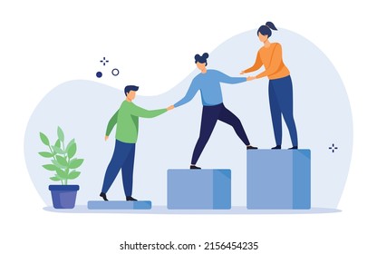 Teamwork, mentorship and cooperation concept. Employees giving hands and helping colleagues to walk upstairs. Vector illustration.