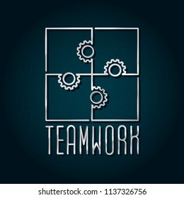 Teamwork Metallic Silver Style Logo Lettering Depicting 4 Pieces Puzzle with Gears Signs Instead of Tabs and Blanks - Silver on Turquoise Jigsaw Puzzle Background - Vector Gradient Graphic Design