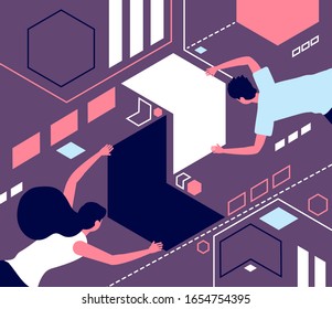 Teamwork metaphor. Abstract puzzle, geometric shapes illustrating business cooperation. Employees and coworking, partnership vector concept