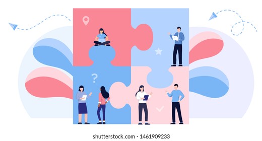 Teamwork metaphor. Business team. puzzle elements. Vector illustration flat design style. Symbol of cooperation, partnership. Ethnic business people group. Office workers talking. 