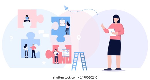 Teamwork metaphor. Business team. puzzle elements. Vector illustration flat design style. Symbol of cooperation, partnership. Ethnic business people group. Office workers talking with manager, boss. 