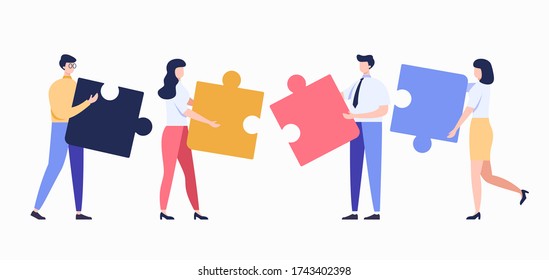 Teamwork metaphor illustration. Flat characters business concept. People connecting puzzle elements. Eps10 vector.