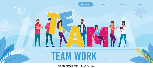 Teamwork Metaphor Landing Page in Flat Style. Cartoon Diverse Coworking Freelancers Characters Building Inspirational Word Team from Huge Letters. Vector Motivational Illustration with Foliage Design