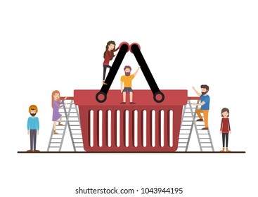teamwork mini people doing shopping basket