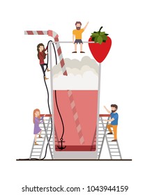 teamwork mini people doing strawberry juice