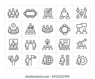 Teamwork minimal thin line icons. Related management, organization, meeting, achievement. Vector illustration.