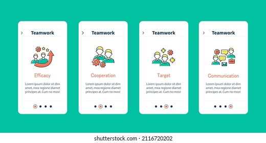Teamwork mobile app screen. Efficacy, cooperation, target and communication. Teamwork steps menu. Set of UI, UX, web template with RGB color linear icons
