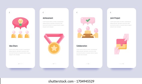 Teamwork mobile user interface with flat icons: idea share, collaboration, joint project, achievement. Modern vector illustration, template with copy space.