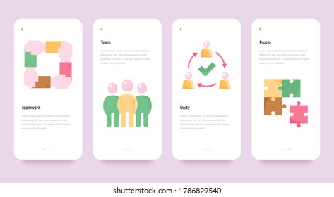 Teamwork mobile user interface with flat icons: team, unity, puzzle, collaboration. Modern vector illustration, template with copy space.