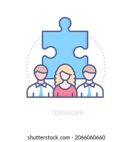 Teamwork - modern colorful line design style icon on white background. Detailed image of three professionals working together. Woman and two men with puzzle on the background. Business, brainstorming