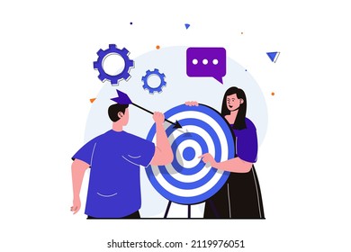 Teamwork modern flat concept for web banner design. Man hits target with arrow, woman supports and helps colleague. Employees achieve goals together. Vector illustration with isolated people scene