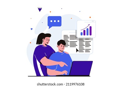 Teamwork modern flat concept for web banner design. Man analyzes data and writes financial report, woman consulting and helping colleague, work together. Vector illustration with isolated people scene